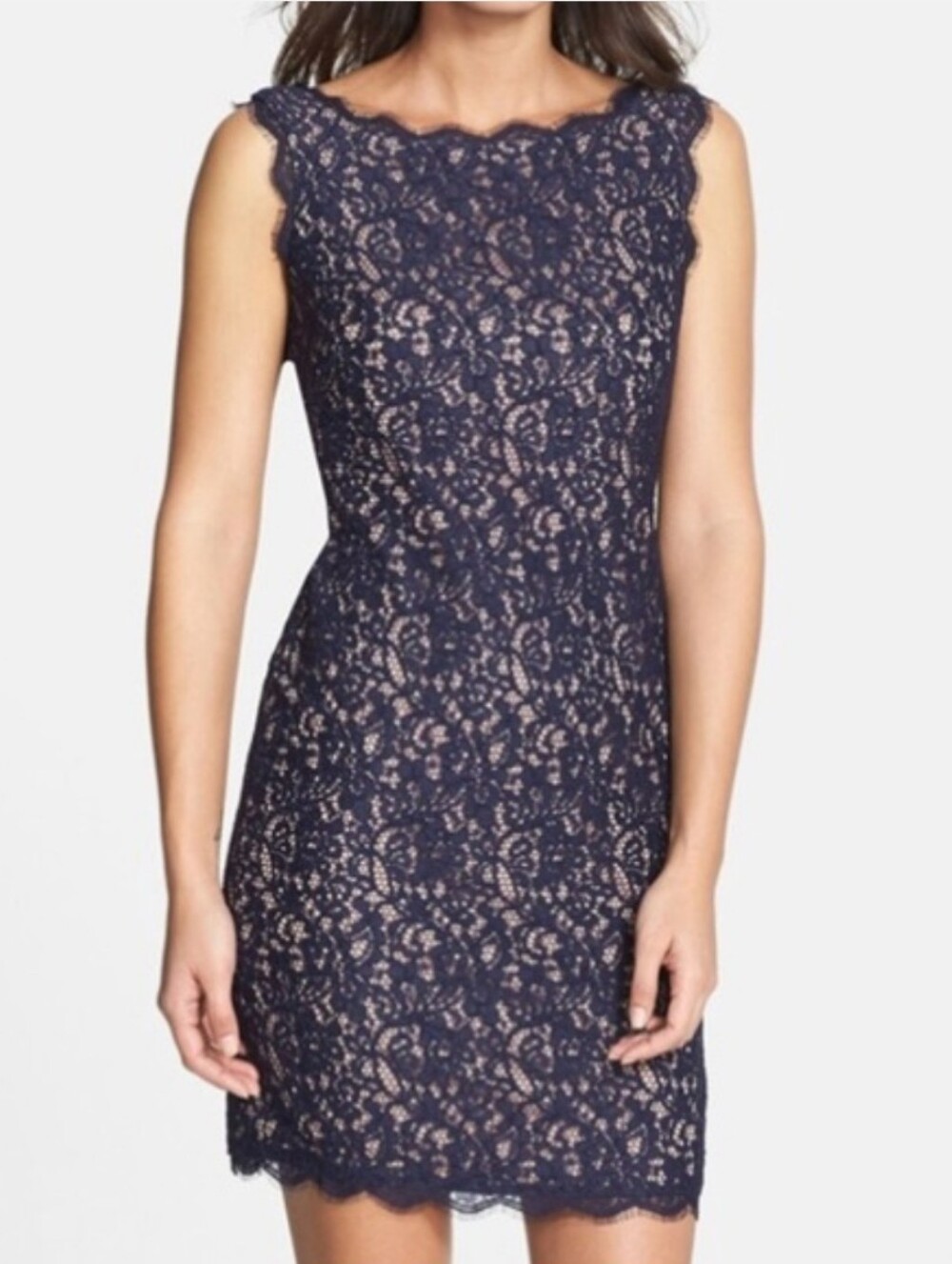 Adrianna Papell Navy Dress With Lace Overlay And Scalloped Neckline